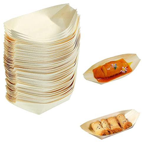 Omevett 50 pcs Bamboo Boats for Food,Wooden Boat Plate Eco Friendly Disposable Paper Boats Food Sushi Serving Tray for BBQ, Camping, Garden and Birthday Parties(17 x 8.5cm)