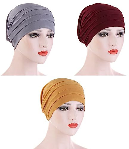 3 Stück Damen Chemo Mütze, Elastische Turban Beanie Bandana Hüte Muslimische Kopftuch Chemo Kopfbedeckung Damen Sommer Baumwolle Hut Headwear für Haarausfall Chemo Krebs Cap Schlafmütze Kopftuch
