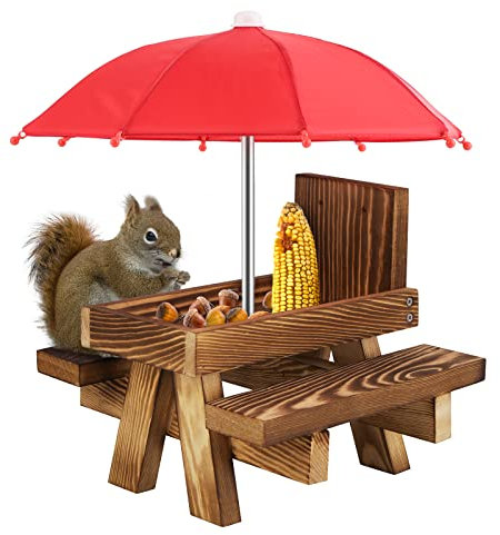 Eichhörnchen Futterstation, Puseky Eichhörnchen Tisch Futterstation aus Holz mit Regenschirm und Maiskolbenhalter für Eichhörnchen und Streifenhörnchen Liebhaber, Gartendekoration