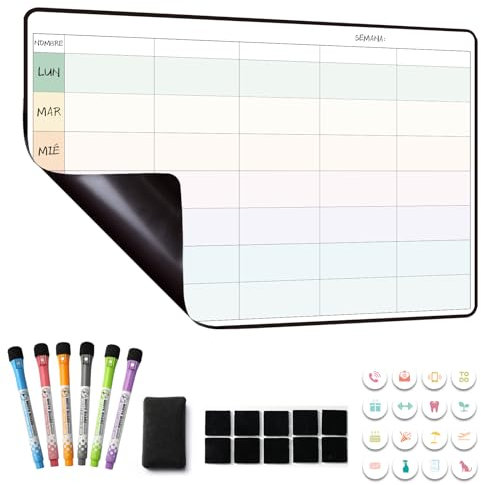 Planificador Semanal Magnetico,Pizarra Nevera Magnetica,Organizador Semanal,Calendario Semanal Planificador Magnetico Nevera 42×28cm - en español