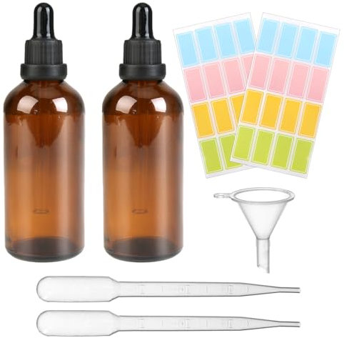 2 Pcs Amber Glass Bottles, 100ml Dropper Bottle with 2 Graduated Dropper and Small Funnel Refillable Sample Dropper Essential Oil Bottle, Blue Light Protective Pipette for Hair Oil Aromatherapy Blends