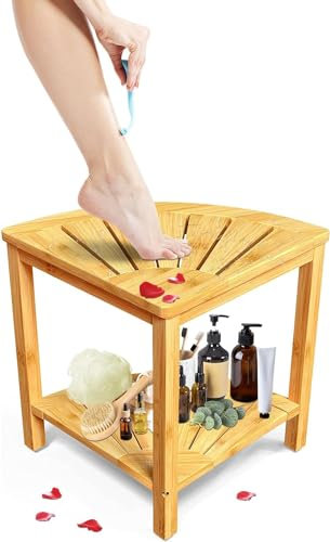 Sgabello da bagno a 2 livelli, sgabello da doccia angolare a forma di ventaglio con supporto portaoggetti e cuscinetto antiscivolo, espositore portatile impermeabile per sedia da bagno