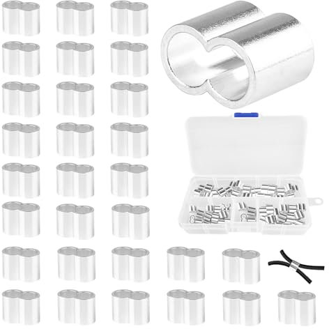 FCXQG 50Pcs Cavo Acciaio 6mm Morsetti Con Scatola Portaoggetti Ghiere In Alluminio Morsetto A Doppio Foro Alluminio Per Corda In Acciaio, Fune Morsetti Stendibiancheria