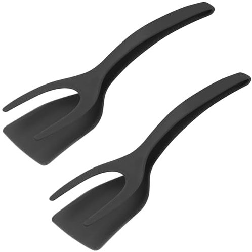 2PCS Egg Flipper Spatula, 2 in 1 Grip and Flip Egg Spatula Tongs, Non-Stick Turners for Pancake Sandwiches Bread Omelet Fish Steak French Toast, Tongs Grip Flip Fried Egg Turners Cooking Tool (Black)