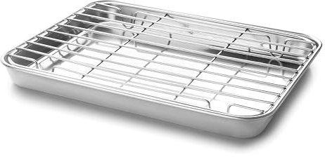 Lacor - 15566 - Bandeja con Rejilla Essential, Acero Inoxidable, Alta Conductividad Térmica, Apta para Horno, Apta para Congelador, 26.5x20.5x2.5 cm