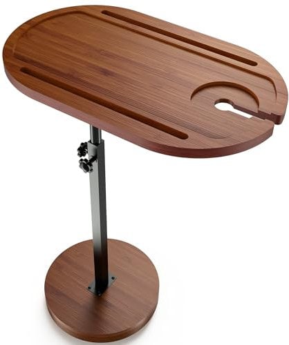 NiHome Mesa giratoria de bambú para TV con base gruesa y estable que no se inclina, bandeja de mesa de sofá de altura ajustable, mesa auxiliar, mesa auxiliar de bañera con rotación de 360° para bañera