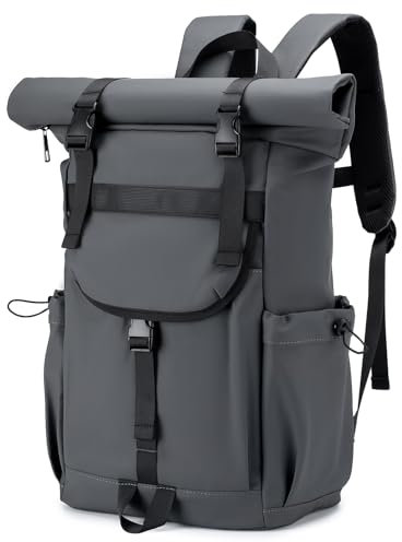 YOODI Rolltop Rucksack Wasserdicht Damen Herren Groß Reiserucksack mit Laptopfach 17-23L Fahrrad Rucksack Backpack Hiking Handgepäck Rucksack Schule für Uni Arbeit Travel Wandern, Grau