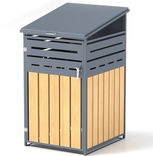 Youyijia Metallische Mülltonnenlagerung für 120-240 Liter, 73 x 85 x 130.5 cm, Holzmaserung Design, verzinktes Stahl-Müllschuppen, Außendeckel mit abschließbarer Tür für Garten und Hinterhof