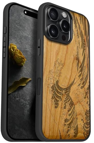 Carveit Holz Cover für iPhone 16 Pro Max, Kirschholz-Welle Kanagawa | Handyhulle kompatibel MagSafe Massivholz für iPhone 16 Pro Max Handyhülle Stoßstange Weich TPU Case