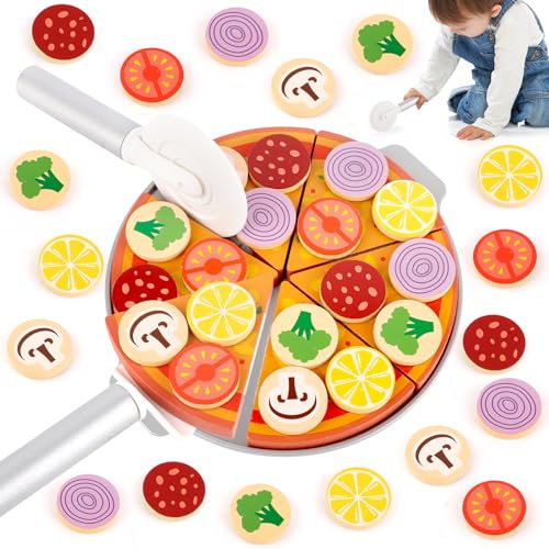 TNOMSNO Pizza Juguetes de Madera, Juego de Pizza para cocinita Infantil Pizza de Madera, Comida Juguete Madera DIY Regalo para Niño y Niña 3+ Años