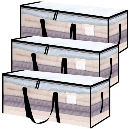 Yafe 3 Pack Large Clothes Storage Boxes with Lids, 120L Moving Bags | Transparent Capacity Storage Bags Storage Organiser Packing Boxes for Moving House Clothes Bedding Duvet Toys Storage