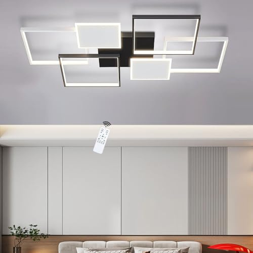 LIUYU LED Deckenlampe Wohnzimmer dimmbar, rechteckige moderne schwarz-weiße Deckenleuchte 110x70cm 95W 8100LM mit Fernbedienung 3000-6500K