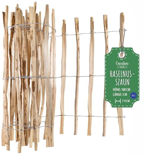 Creative Home Staketenzaun 100cm hoch und 5m lang | Haselnusszaun | Rollzaun | Lattenabstand 7-9 cm | Gartenzaun Holz Holzzaun | Zaun Garten Ideal als Rasenkante Blumenbeet Umrandung aus Haselnuss