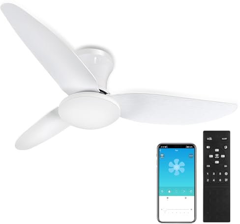 Viugreum Ventilateur de Plafond Blanc avec Lumière et Telecommande, Dimmable Ventilateur à 3 Pales LED, Vitesse du Vent à 6 Vitesses, Contrôle APP, Timing, Lustre Ventilateur Plafond pour Salon