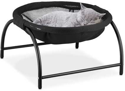 Relaxdays Letto Amaca per Gatti, Cani Piccoli, Cuccia Rialzata Animali Domestici, Lettino a Rete HLP: 25x44x42 cm, Nero, Poliestere, Acciaio