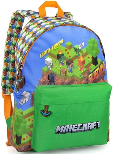 Clondo Schulrucksack 41 × 31 × 18 cm für Grundschule (Klasse 1–4) – gepolsterte Träger, Innenfach‑Teiler, Fronttasche, Trinkflaschenfach – leichter Rucksack für Jungen & Mädchen – für Minecraft Fan