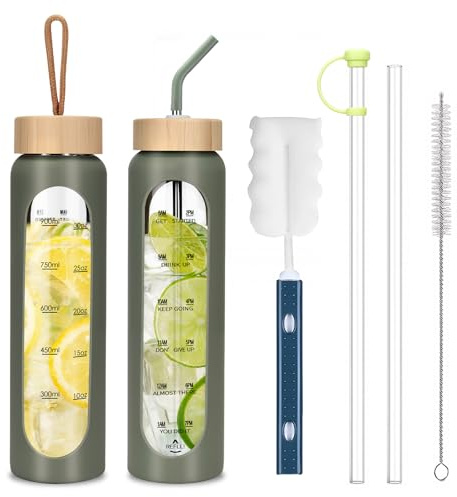 1000ml Bouteille D'eau en Verre avec 2 Couvercles en Bambou,Gourde en Verre Hermétique,Motivation Bouteille avec Marqueur de Temps et Protecteur en Silicone pour Sport/Camping/Voyage Sans BPA