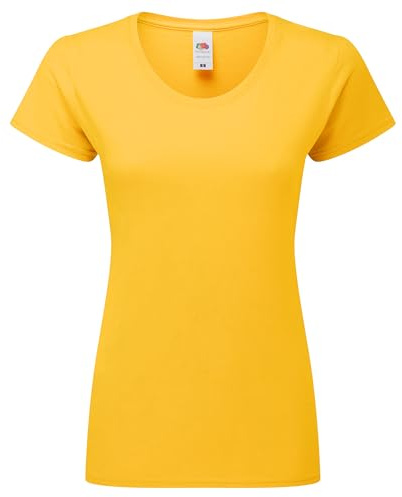 Fruit of the Loom Ladies Iconic 195 – figurbetontes Damen Shirt aus gekämmter Baumwolle, Rundhals Basic T-Shirt mit Seitennähten, Farbe:sonnenblumengelb, Größe:L