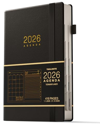 TDOLISSTE - Kalender 2026 Terminplaner, A5 Agenda Buchkalender 365-Seiten-Tagesplan und 24-Seiten-Monatsplan, Deutsches (Schwarz)