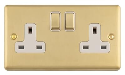 Kooples Hardware Enhance Decorative Socket 1 or 2 Gang Modern Electrical Wall Outlet (Satin Brass, 2 Gang with White Trim)