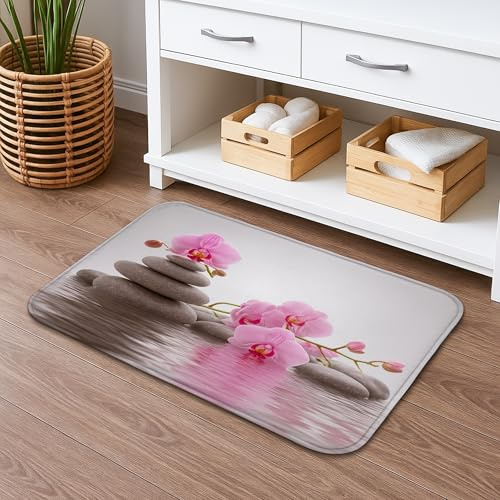 Zen Orchidee Badematte, schnell trocknend, elegant, pfirsichfarbene Blumensteine, saugfähig, rutschfest, modern, Flanell, waschbar, Badteppiche für Badezimmer, WC, WC, dekorativ, 50,8 x 81,3 cm