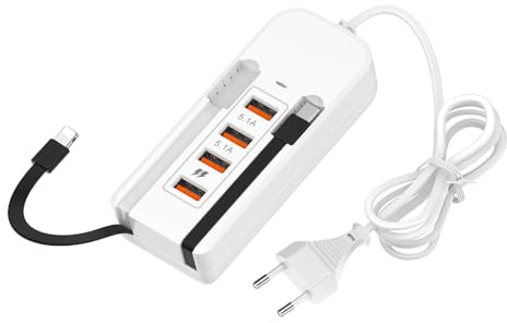 Powice USB-Ladegerät 6-in-1, 2×USB-A + 2×USB-C Netzteil mit integrierter Ladekabel USB-C-Kabel, Mehrfach Schnellladegerät mit PD/QC für iPhone 16/15/14/13/12/11, iPad, Android-Geräte
