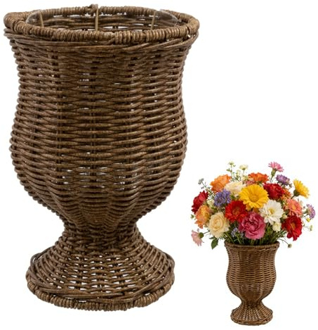 27cm Goblet Planter, Woven Rattan Look Resin Flower Pot, Handwoven Rattan Urn Vase, Rustic Wicker Flower Pot for Home, Wedding, Table Centerpiece Decor (A)