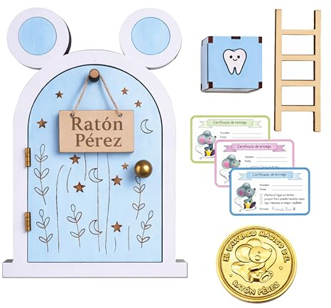 Zaldun-Puerta Ratoncito Pérez – Casita Ratoncito Pérez de Madera | Caja para Dejar Dientes,Escalera, certificados y Moneda - Se Abre la Puerta. (Azul)