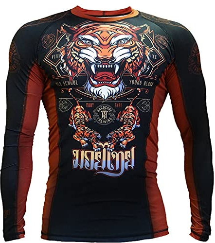 Hardcore Training Tiger Schwarz Rash Guard Men's Kompressionshemd Herren Lange Ärmel Grappling Jiu Jitsu MMA Fitness Boxen No Gi