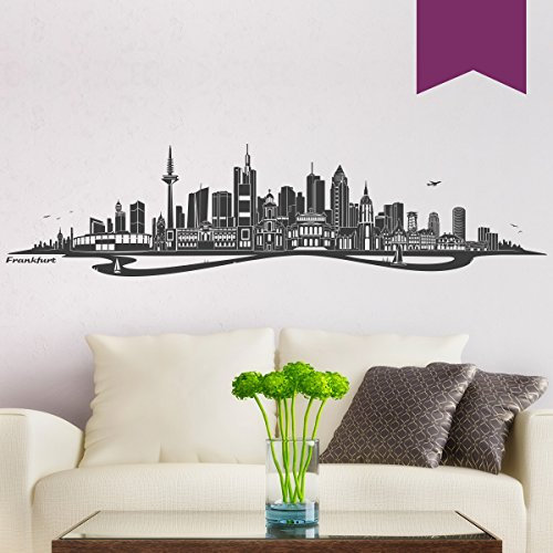 WANDKINGS Wandtattoo - Skyline Frankfurt (mit Fluss) - 120 x 29 cm - Aubergine - Wähle aus 6 Größen & 35 Farben