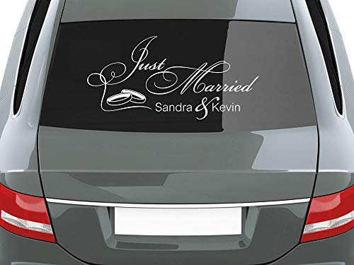 GRAZDesign Autoaufkleber Just Married, Aufkleber Hochzeit Heirat mit Wunschnamen, Auto-Aufkleber Hochzeit zwei Ringe - 010 weiss