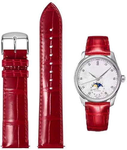 FOUUA Uhrenarmbänder Band Echtes Leder Armband Alligator Geprägte Ersatzarmbänder Armband,Rot-silber,19mm