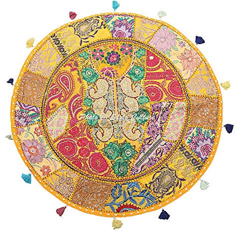 Stylo Culture Ethnisch Dekorativ Rund Bodensitzkissen 70x70 cm Groß Bodenkissenbezug Boho Vintage Mango Gelb Bohemien Patchwork Seat Lounge Baumwolle Bestickt Bodenkissen Balkon