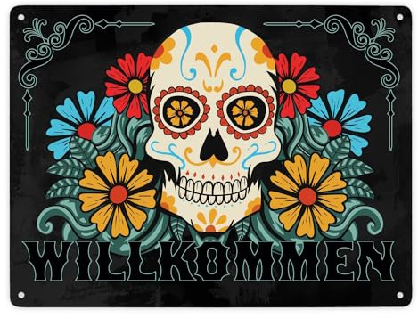 Willkommen Metallschild XXL in 28x38 cm mit Totenkopf und Blumenmotiv hübsches Blechschild mit Totenschädel Schild für die Zimmertüre