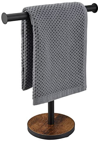BCOZLUX Handtuchhalter-Ständer, Handtuchständer für Bad und Küche, freistehender Handtuchhalter mit beschwertem Holzsockel, rustikales Schwarz und Braun