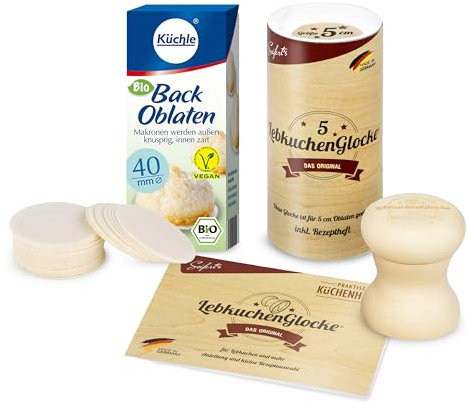 Backen Backset für Kinder & Erwachsene mit Seifert`s Lebkuchenglocke aus Ahornholz 4cm und Küchle Backoblaten Bio & vegan Größe 40mm Makronen, Lebkuchen & Amerikaner