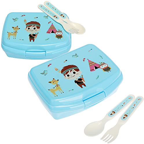 com-four® 6-teiliges Set aus Lunch-Box und Besteck, mit lustigen Indianer- und Tiermotiven für Jungen und Mädchen, Brotdose mit Löffel und Gabel (blau - 6tlg)