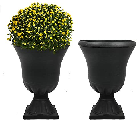 Worth Garden 2-Pack Plastic Urn Planters for Outdoor Plants, 22'' Black Tall Round Classic Resin Traditional Flower Pots - 15 in. Dia. Large Imitation Stone Decorative Pot Patio Deck Front Porch