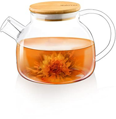 Wilmax | Glas Teekanne mit Sieb | 950ml |Teesieb für losen Tee | Glasteekanne mit Bambus-Deckel | Kanne für Teeblumen | Teapot | Für Heiß- und Kaltgetränke | Spülmaschinenfest | Geschenkset