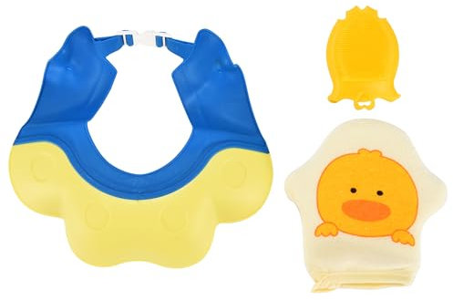 Tranquil Beauty | Baby Bath Shower Cap Visor Rinser Soft Set - Tear-Free Shampoo Shield for Kids, Premium Quality Baby Brush, and Gentle Exfoliating Sponge for Fun Bath Time - Blue and Yellow