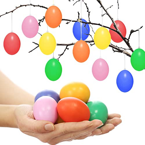Gallop Chic 48x Ostereier zum Hängen Bunt | Bunte Plastik Ostern Eier aus Kunststoff 6 x 4cm | Plastikeier zum Aufhängen & Dekorieren Kunststoffeier für draußen und innen Osterdeko Deko zu Ostern