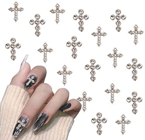 NICENEEDED 30Pcs Cross Nail Art Charms, Silver Crystal Nail Rhinestones, 3D Nail Jewelry Antique Style Nail Art Accessories for Women Girls Design DIY
