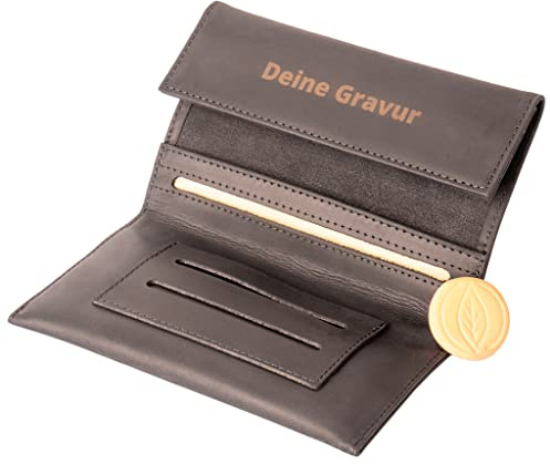 Premium Porta-Tabacco in Pelle con incisione, Scomparti Extra per Cartine Doppia e Filtri, Bottoni Magnetici, Astuccio Tabacco Rigido Cuoio Mano(Nero)
