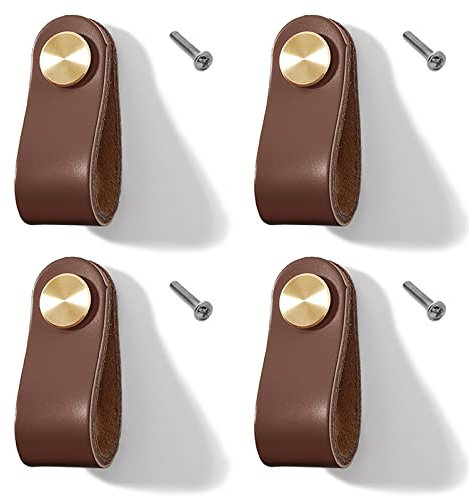 Lawen Creative 4 Set Leather Furniture Handles Leather Knob Cabinet Handle Knobs Leather Handle for Kitchen Cabinets Cupboards (Brown, Single Hole)