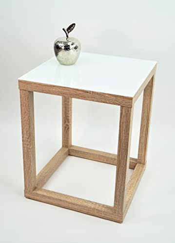 freeroom24, Beistelltisch, Wohnzimmertisch, Couchtisch, Coffee Table, Kaffeetisch, Blumenhocker, Blumensäule, Cube, Holzoptik Sonoma Eiche Nachbildung, Glas weiß, 50 x 50 x 80cm, Made in Germany