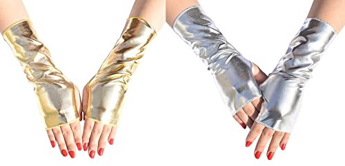 SEAUR Damen Armstulpen Wetlook Fingerlos Handschuhe Goth Punk Lackleder Armwärmer Silber Golden Stulpen für Cosplay Karneval Party Halloween Kostüm - 2 Paar