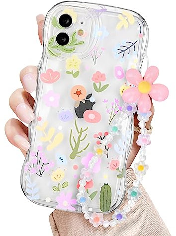 Newseego Clear iPhone 11 Case for Girls Women, Cute Flower Floral Pattern Design with Lovely Chain Phone Case Flexible Soft TPU Shockproof Camera Protection Bumper Cover for iPhone 11