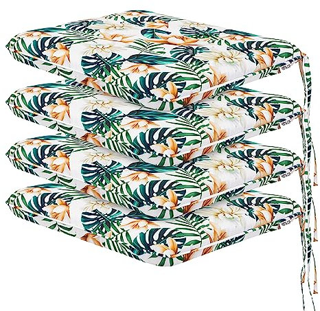 HOBBYGARDEN Set 4 Outdoor & Indoor Sitzkissen 50x43 cm Weiße Blumen | Wetterfeste Sitzpolster für Gartenstühle, Palettenkissen, Liege & Balkon | Bequeme Outdoor Kissen Gartenmöbel