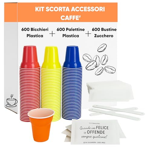 marketcaffe KIT ACCESSORI CAFFÈ con 600 BUSTINE DI ZUCCHERO + 600 BICCHIERINI + 600 PALETTINE