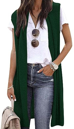 OMZIN Long Vest For Women Sleeveless Lightweight Open Front Solid Color Cardigans Ribbed Knit Outwear Dark Green M